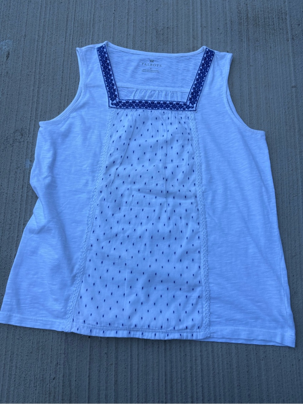 Talbots White Tank Top with Navy Embroidered Trim